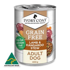 Ivory Coat – Wet Food Tins - Adult Dog - GRAIN FREE - Lamb & Kangaroo Stew - 12 x 400g